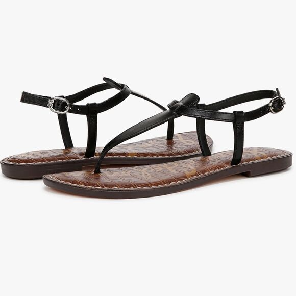 SAM EDELMAN Womens Black Leather T-Strap Flat thong ankle Gigi Sandals size 8 - Picture 1 of 8